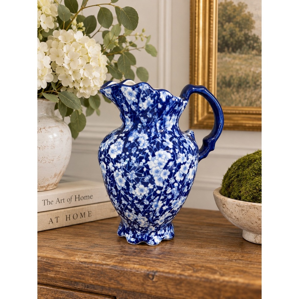 Blue and White Calico Floral Ceramic Pitcher Scalloped Rim Farmhouse Decor